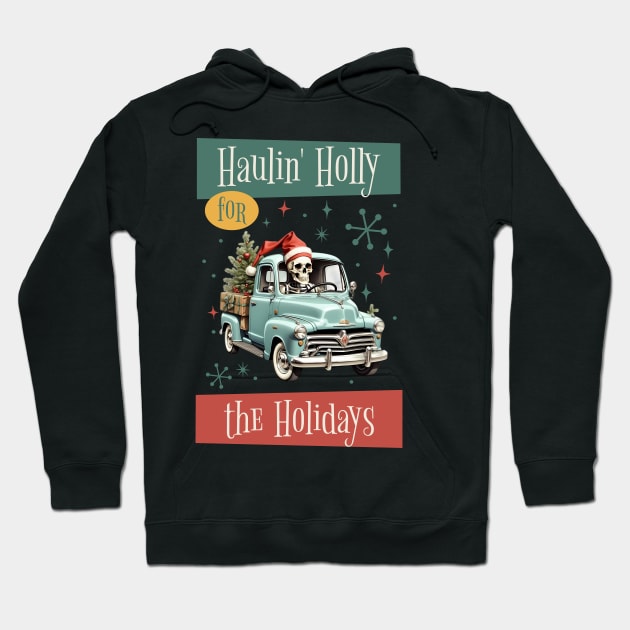 Funny Christmas Skeleton Wearing Santa Hat, Pickup Truck with Tree Hoodie by TheCloakedOak